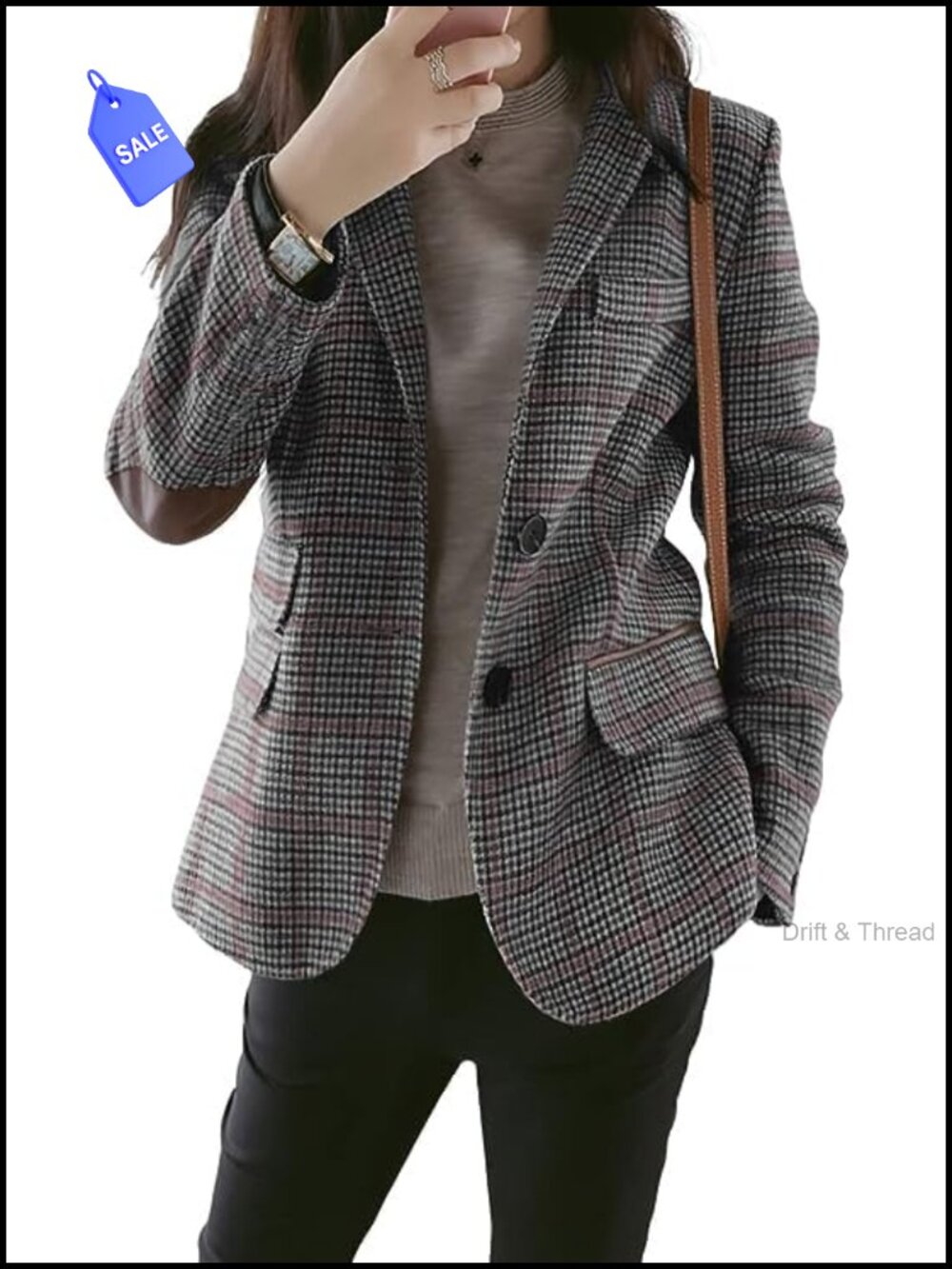 Tweed Plaid 2-Button Business Blazer with Lapel Collar